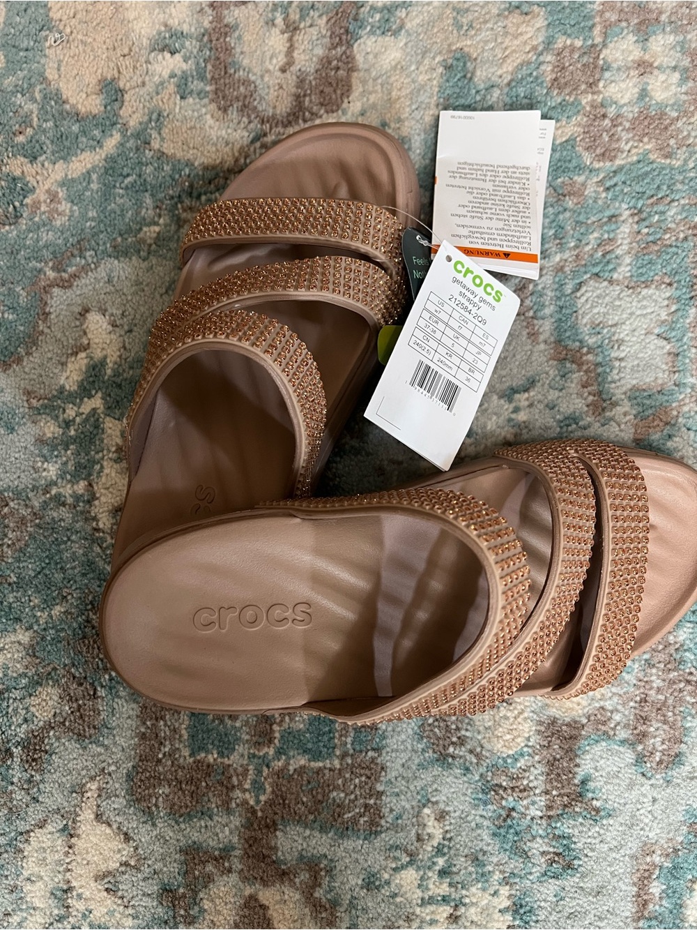 CROCS Women’s Tan Rose-Gold Jeweled Double Strap Slide Sandals